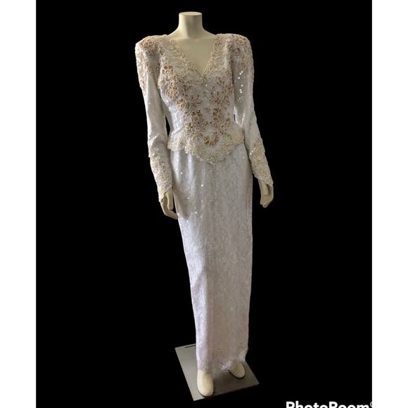 Vintage wedding sequenced dress with detachable skirt & train Ivory gold medium - Picture 16 of 17